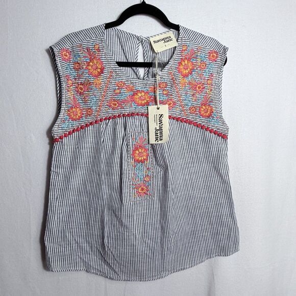 Savanna Jane Tops - NEW Savanna Jane Blue White Striped Lucky Lane Floral Embroidered Top Size S
